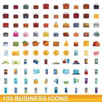 100 business icons set, cartoon style vector