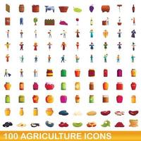 100 agricultura, conjunto de iconos de estilo de dibujos animados vector