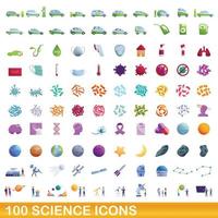 100 ciencia, conjunto de iconos de estilo de dibujos animados vector