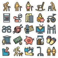 Pension icons set, outline style vector