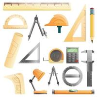 Architect equipment icons set, cartoon style vector