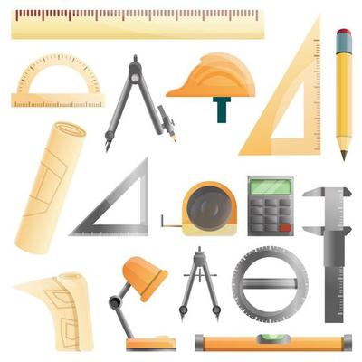 Architect equipment icons set, cartoon style