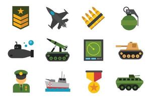 Collection of colorful flat icon vector, military concept vector illustration isolated on white background, army, rank, jet fighter, bullet, missile, radar, soldier, tank, warship, submarine etc.