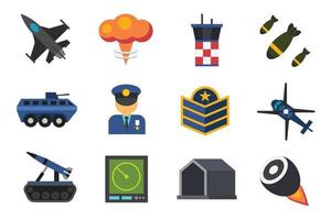 Collection of colorful flat icon vector, military concept vector illustration isolated on white background, air force, rank, jet fighter, pilot, missile, radar, soldier, tank,  hangar, nuclear etc.