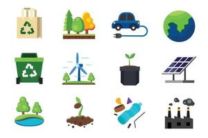 Collection of colorful flat icon vector, environment protection concept vector illustration isolated on white background, forest, recycle bag, eco car, earth, solar cell panel, factory, trash, plant.