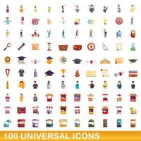 100 universal icons set, cartoon style vector