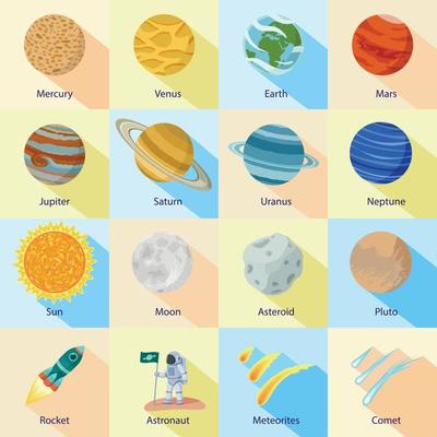 Space planet icon set, flat style