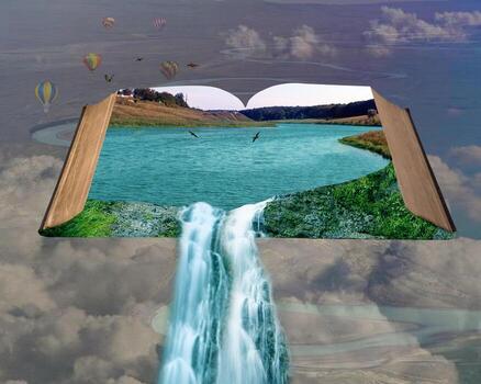 an open book with a waterfall and birds photo