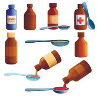 Cough syrup icons set, cartoon style vector