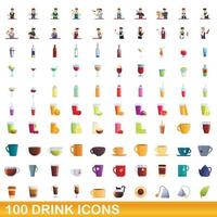 100 iconos de bebidas, estilo de dibujos animados vector