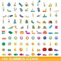 100 summer icons set, cartoon style vector