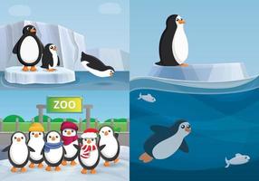 conjunto de banners de pingüinos, estilo de dibujos animados vector
