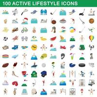 100 active lifestyle icons set, cartoon style vector