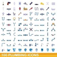 100 plumbing icons set, cartoon style vector