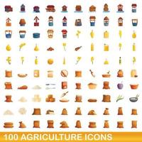 100 agricultura, conjunto de iconos de estilo de dibujos animados vector