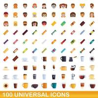 100 universal icons set, cartoon style vector