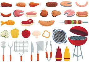 Grilled food icons set, cartoon style vector