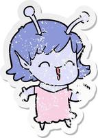 distressed sticker of a cartoon alien girl laughing vector