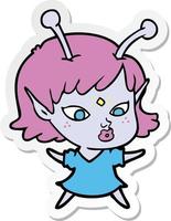 sticker of a pretty cartoon alien girl vector