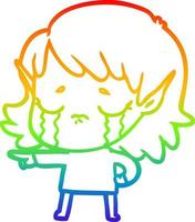 rainbow gradient line drawing cartoon crying elf girl vector