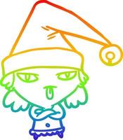 rainbow gradient line drawing girl wearing christmas hat vector