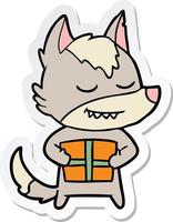sticker of a friendly cartoon wolf carrying christmas present vector