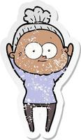 distressed sticker of a cartoon happy old woman vector