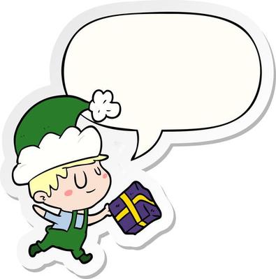 cartoon happy christmas elf and present and speech bubble sticker