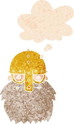 cartoon viking face and thought bubble in retro textured style