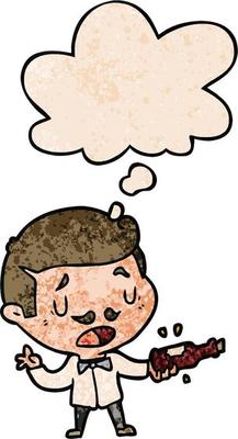 cartoon wine expert and thought bubble in grunge texture pattern style
