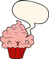 cute cartoon frosted cupcake and speech bubble in comic book style vector