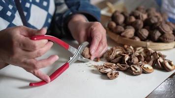 una mujer que rompe nueces con un rompedor de nueces video