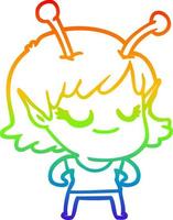 rainbow gradient line drawing smiling alien girl cartoon vector