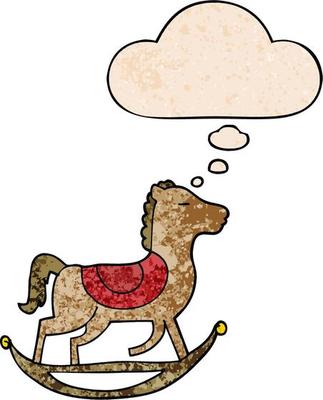 cartoon rocking horse and thought bubble in grunge texture pattern style