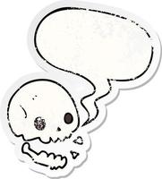 cartoon spooky skull and speech bubble distressed sticker vector