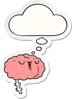 happy cartoon brain and thought bubble as a printed sticker vector