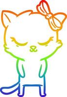 rainbow gradient line drawing cute cartoon cat with bow vector