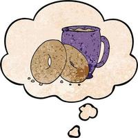 cartoon coffee and donuts and thought bubble in grunge texture pattern style vector