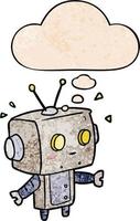 robot de dibujos animados y burbuja de pensamiento en estilo de patrón de textura grunge vector