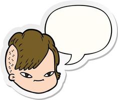 cartoon female face and speech bubble sticker vector
