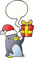 cartoon penguin and christmas present and speech bubble in smooth gradient style vector
