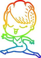 rainbow gradient line drawing happy cartoon girl running vector