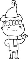 line drawing of a friendly boy wearing santa hat vector