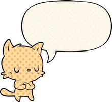 cute cartoon cat and speech bubble in comic book style vector