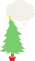 árbol de navidad de dibujos animados y burbuja de pensamiento en estilo retro vector