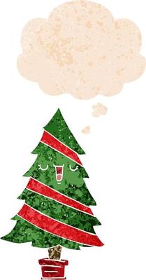 cartoon christmas tree and thought bubble in retro textured style