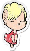 distressed sticker of a cartoon squinting girl in dress vector