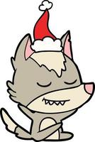 friendly line drawing of a wolf sitting wearing santa hat vector