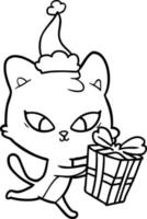 cute line drawing of a cat wearing santa hat vector