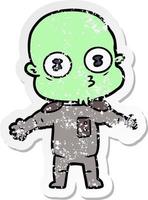 distressed sticker of a cartoon weird bald spaceman vector
